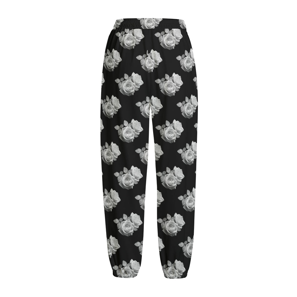 Monochrome Rose Pattern Print Fleece Lined Knit Pants