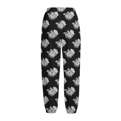 Monochrome Rose Pattern Print Fleece Lined Knit Pants