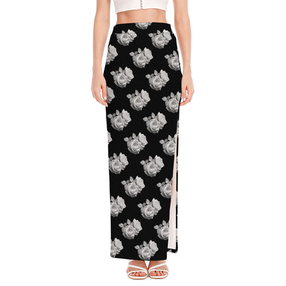 Monochrome Rose Pattern Print High Slit Maxi Skirt