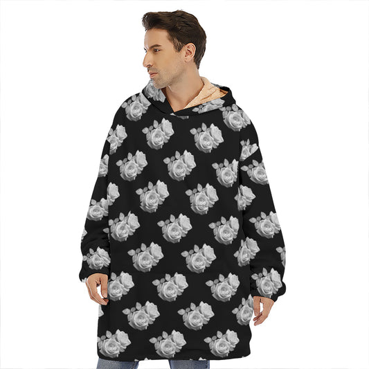 Monochrome Rose Pattern Print Hoodie Blanket