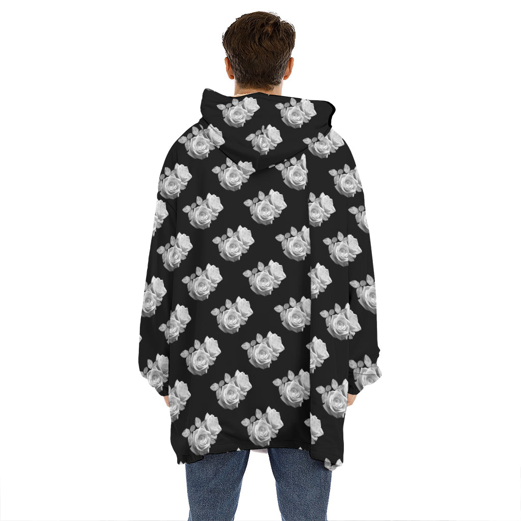 Monochrome Rose Pattern Print Hoodie Blanket