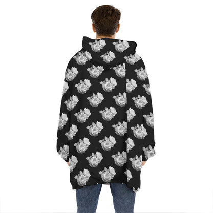 Monochrome Rose Pattern Print Hoodie Blanket