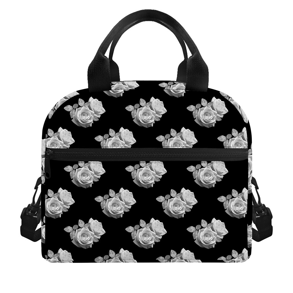 Monochrome Rose Pattern Print Insulated Lunch Bag
