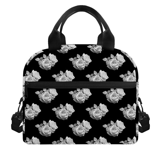 Monochrome Rose Pattern Print Insulated Lunch Bag