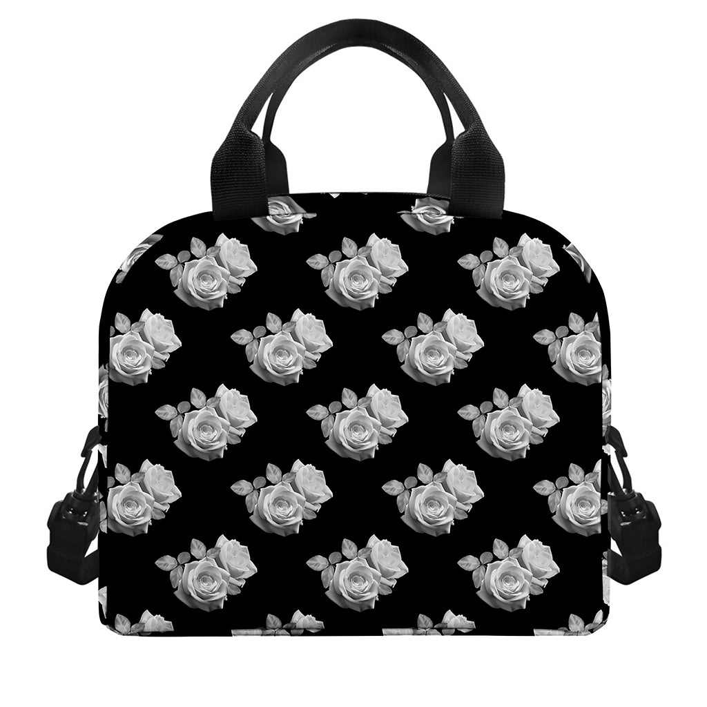 Monochrome Rose Pattern Print Insulated Lunch Bag