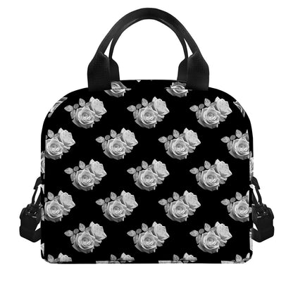 Monochrome Rose Pattern Print Insulated Lunch Bag