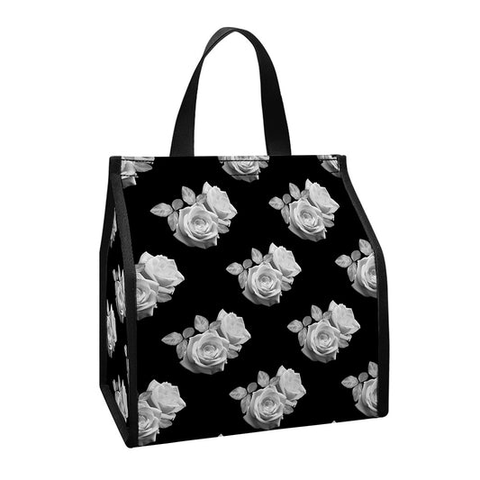 Monochrome Rose Pattern Print Insulated Lunch Tote