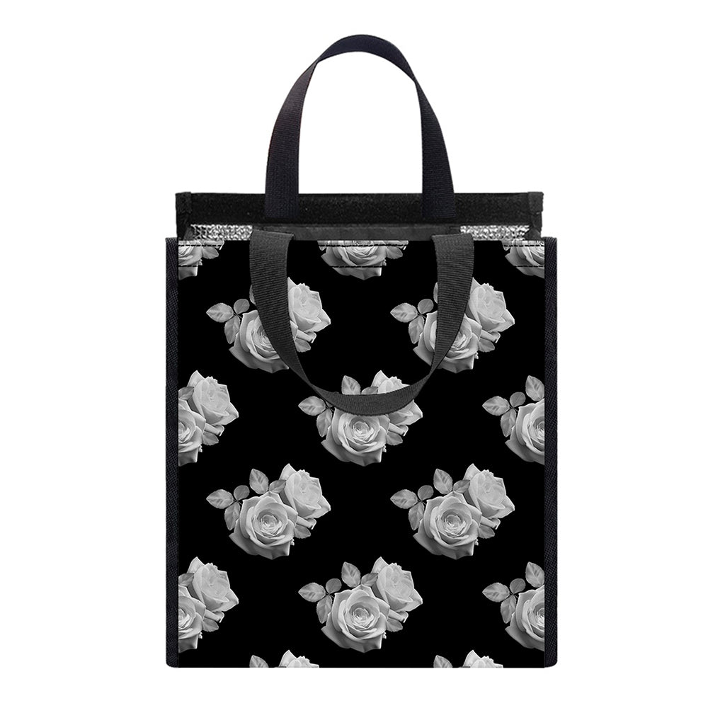 Monochrome Rose Pattern Print Insulated Lunch Tote