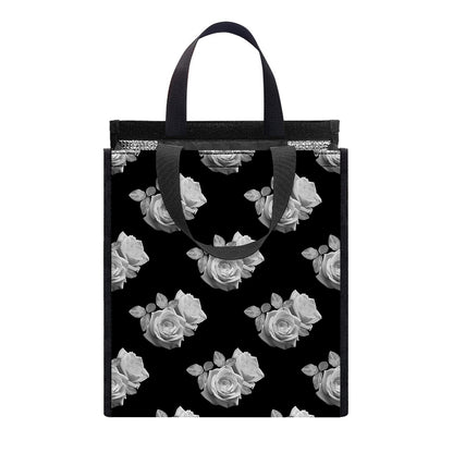 Monochrome Rose Pattern Print Insulated Lunch Tote