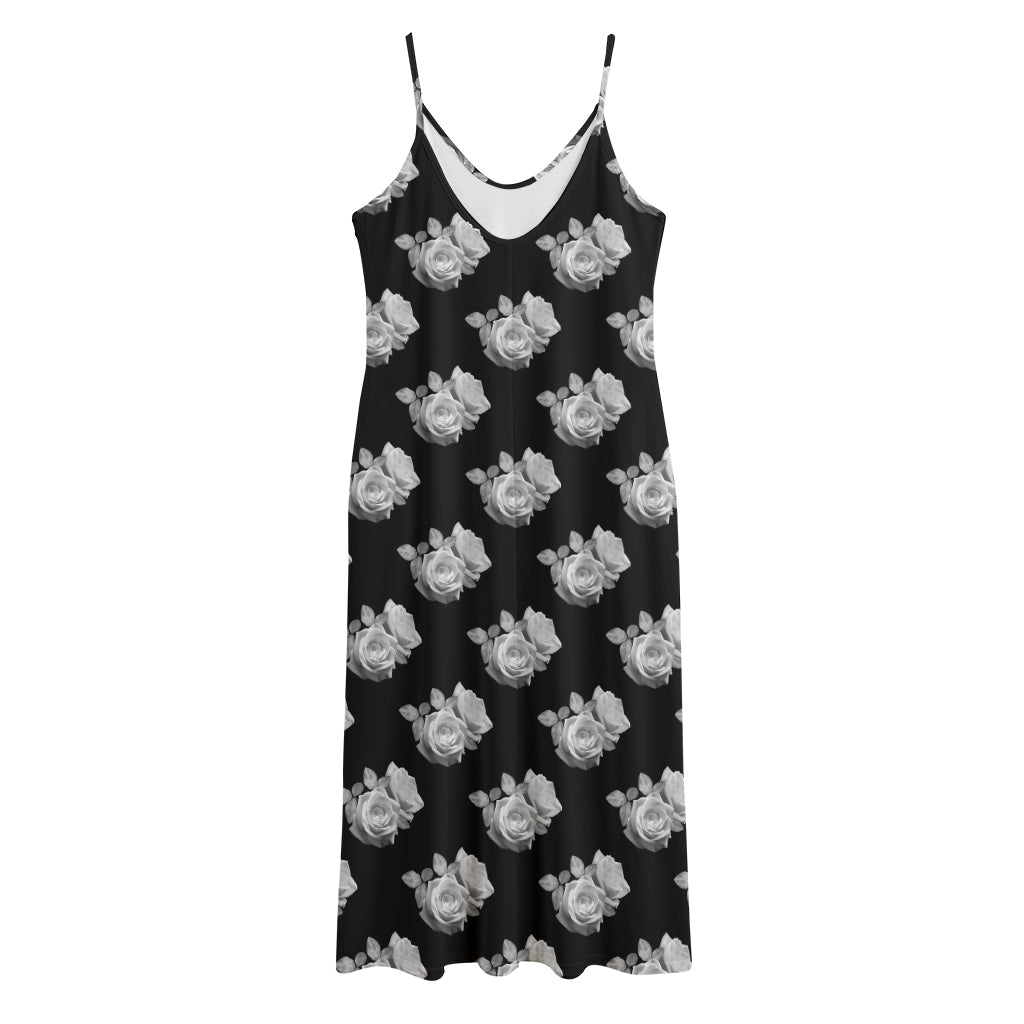 Monochrome Rose Pattern Print Jersey Midi Cami Dress