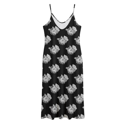 Monochrome Rose Pattern Print Jersey Midi Cami Dress