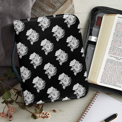 Monochrome Rose Pattern Print Leather Bible Cover