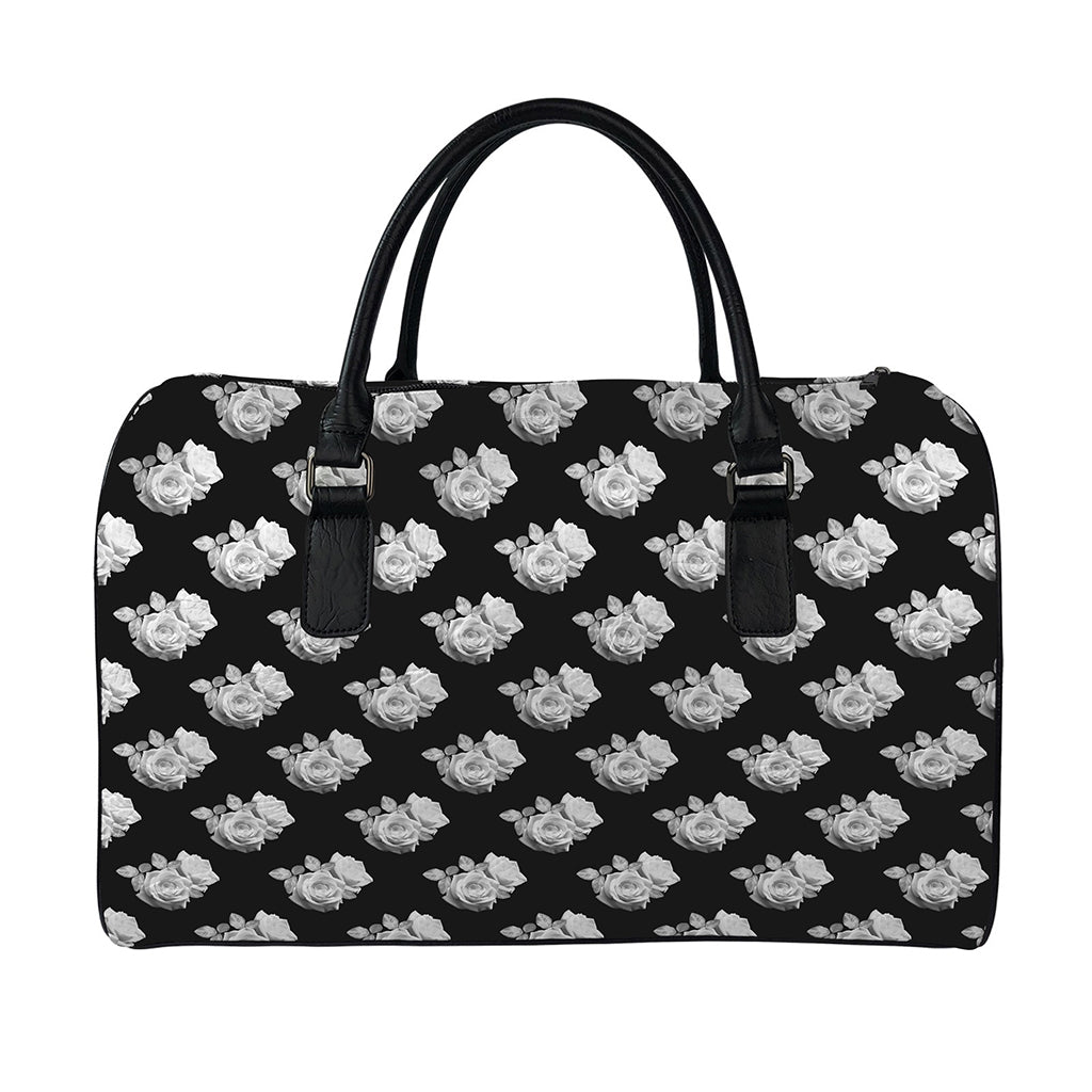 Monochrome Rose Pattern Print Leather Duffle Bag