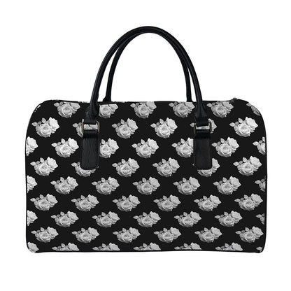 Monochrome Rose Pattern Print Leather Duffle Bag