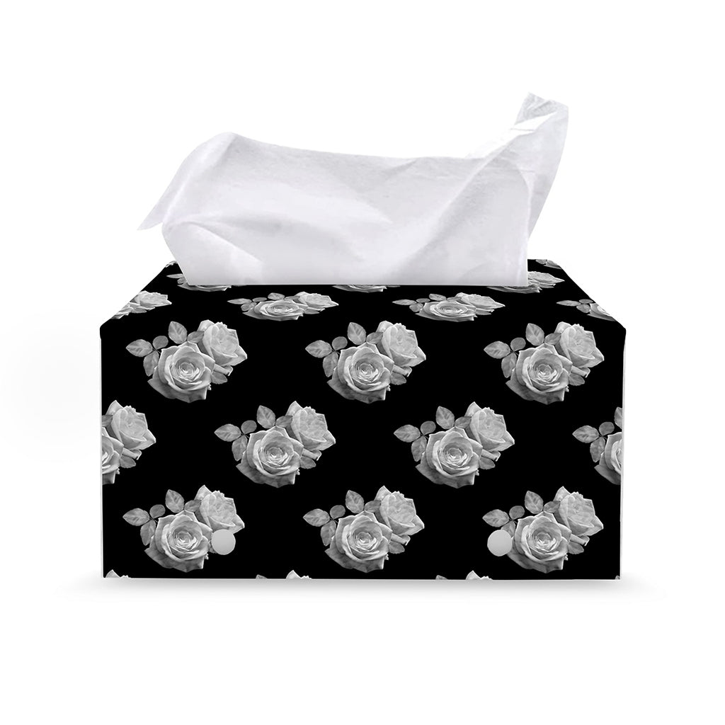 Monochrome Rose Pattern Print Leather Tissue Box Cover