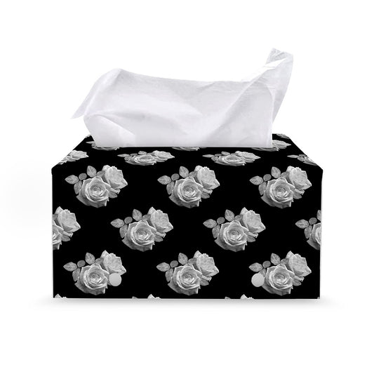 Monochrome Rose Pattern Print Leather Tissue Box Cover