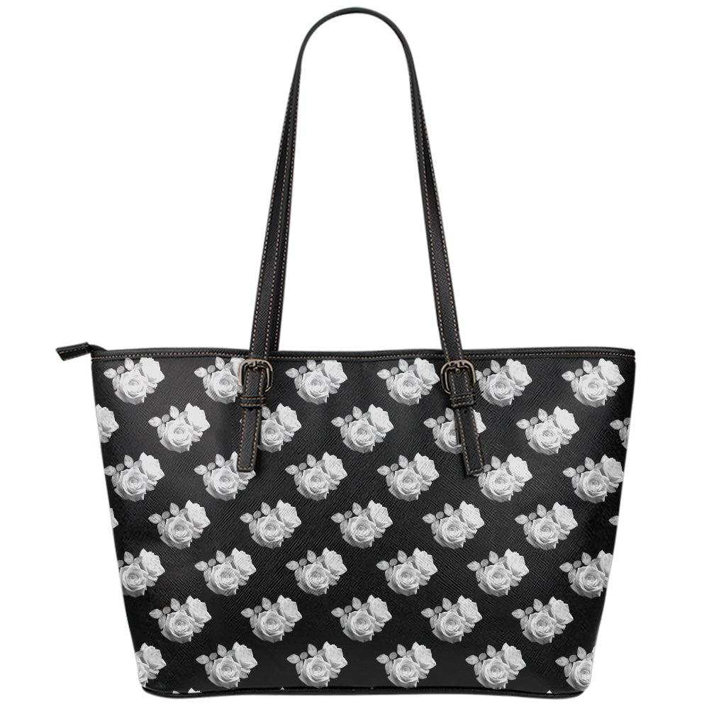 Monochrome Rose Pattern Print Leather Tote Bag
