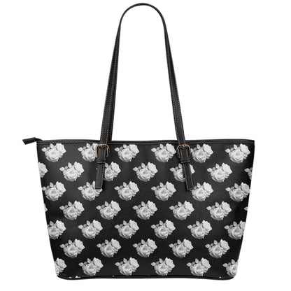 Monochrome Rose Pattern Print Leather Tote Bag