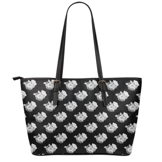 Monochrome Rose Pattern Print Leather Tote Bag