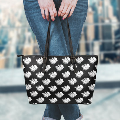 Monochrome Rose Pattern Print Leather Tote Bag