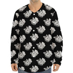 Monochrome Rose Pattern Print Long Sleeve Baseball Jersey