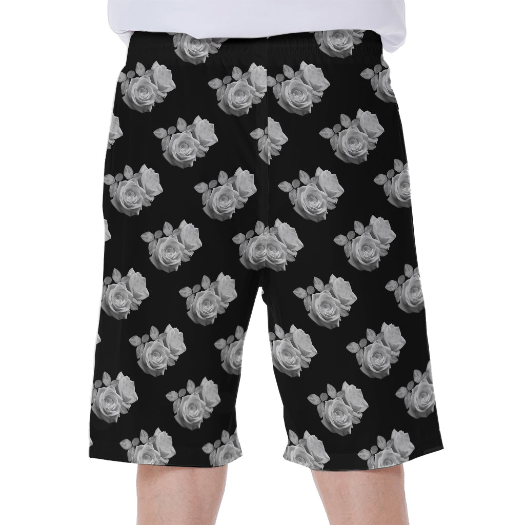Monochrome Rose Pattern Print Men's Beach Shorts