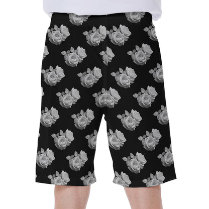 Monochrome Rose Pattern Print Men's Beach Shorts