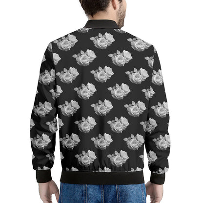 Monochrome Rose Pattern Print Men's Bomber Jacket