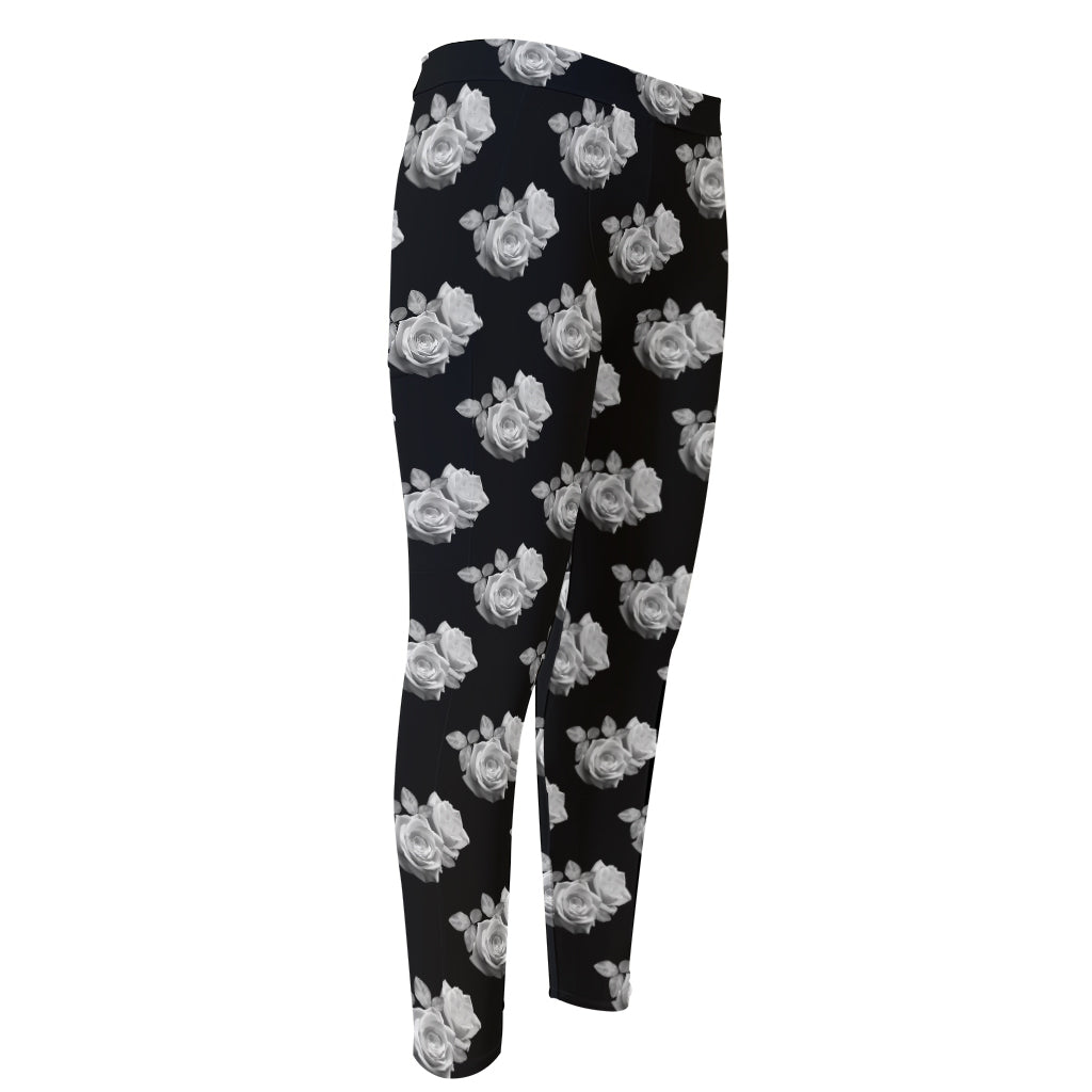 Monochrome Rose Pattern Print Men's Compression Pants