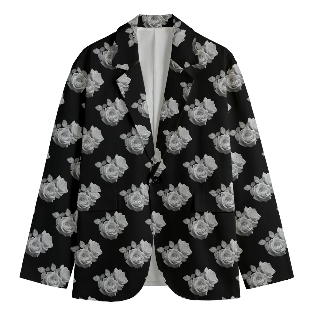 Monochrome Rose Pattern Print Men's Cotton Blazer