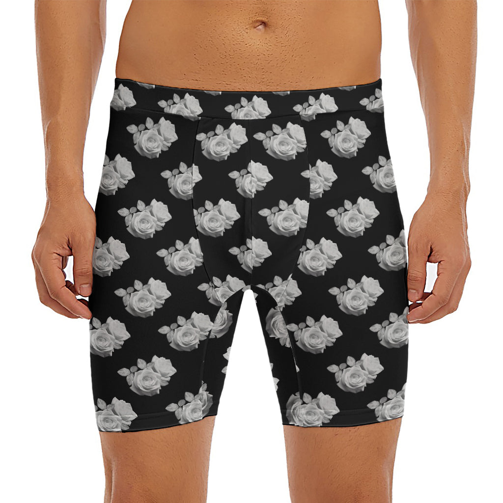 Monochrome Rose Pattern Print Men's Long Boxer Briefs
