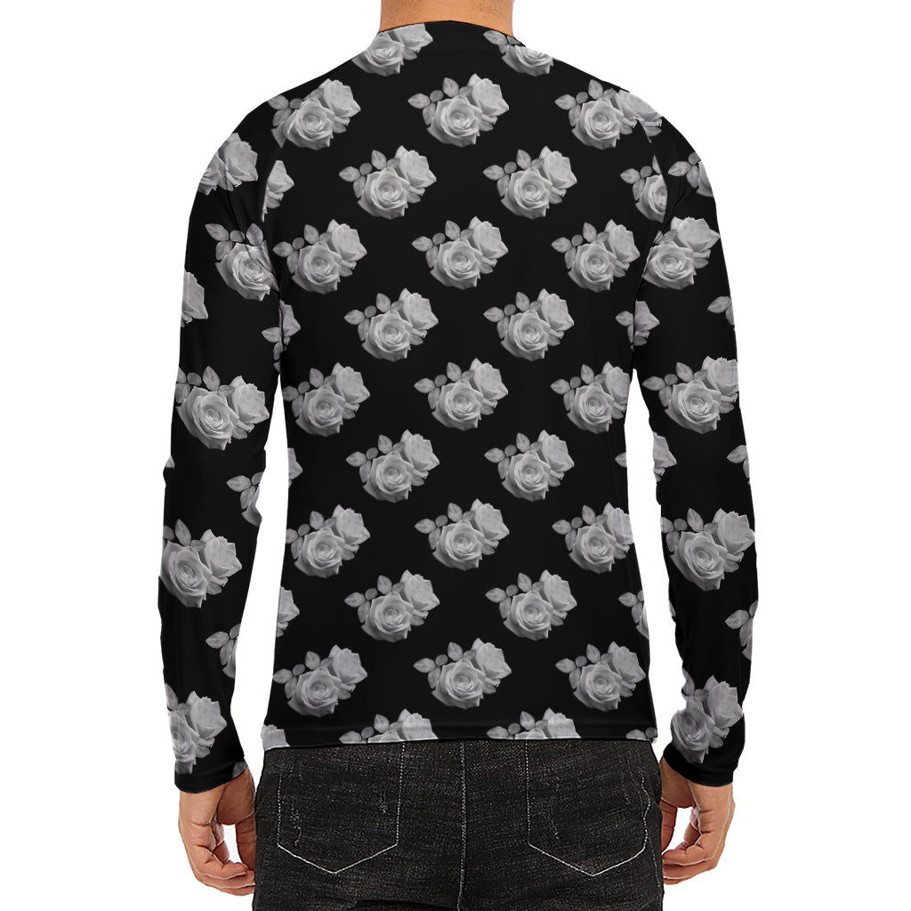 Monochrome Rose Pattern Print Men's Long Sleeve Rash Guard