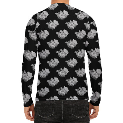 Monochrome Rose Pattern Print Men's Long Sleeve Rash Guard