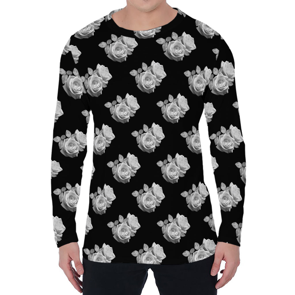 Monochrome Rose Pattern Print Men's Long Sleeve T-Shirt