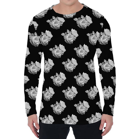Monochrome Rose Pattern Print Men's Long Sleeve T-Shirt
