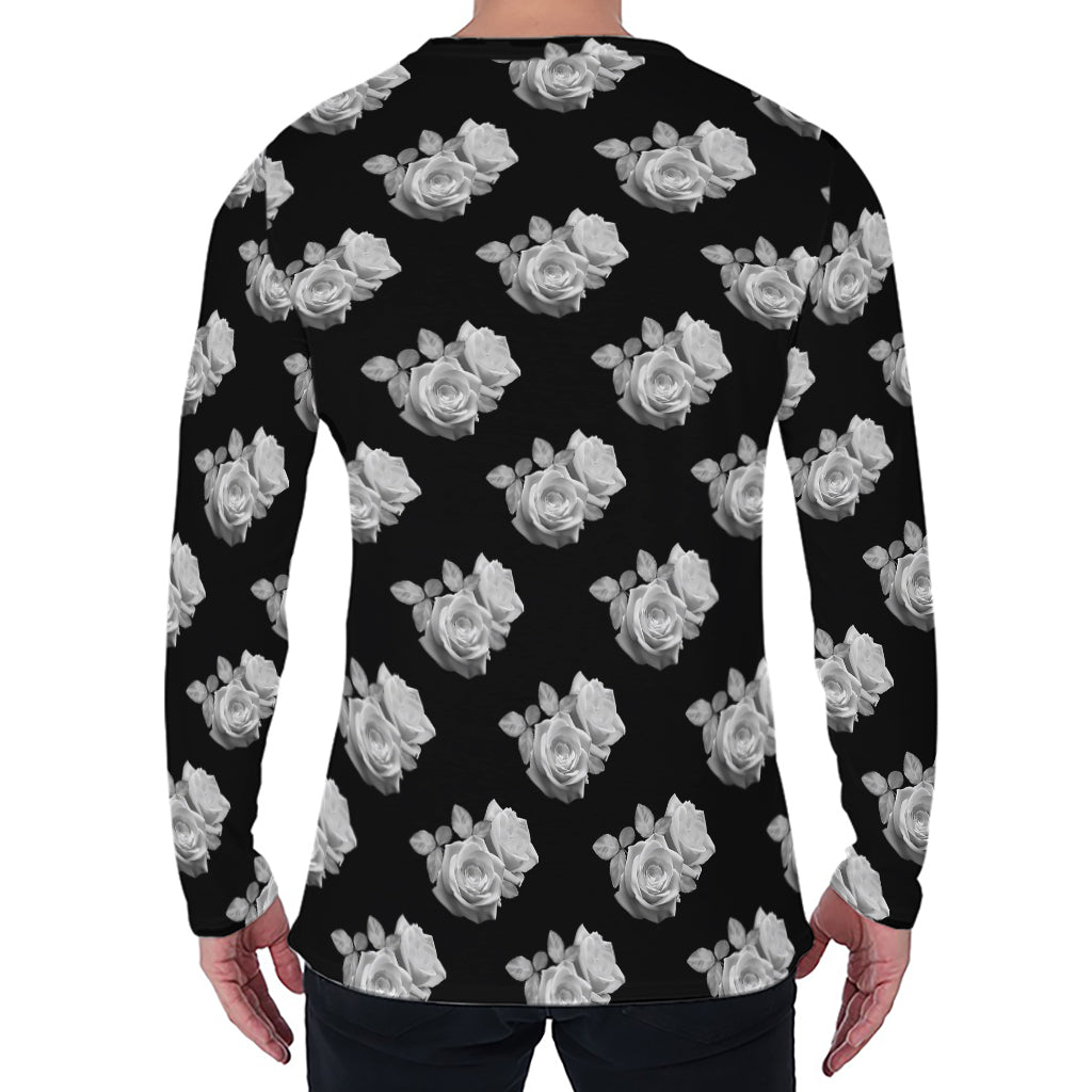 Monochrome Rose Pattern Print Men's Long Sleeve T-Shirt