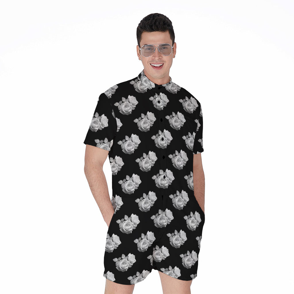 Monochrome Rose Pattern Print Men's Rompers