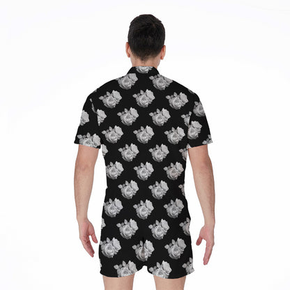 Monochrome Rose Pattern Print Men's Rompers
