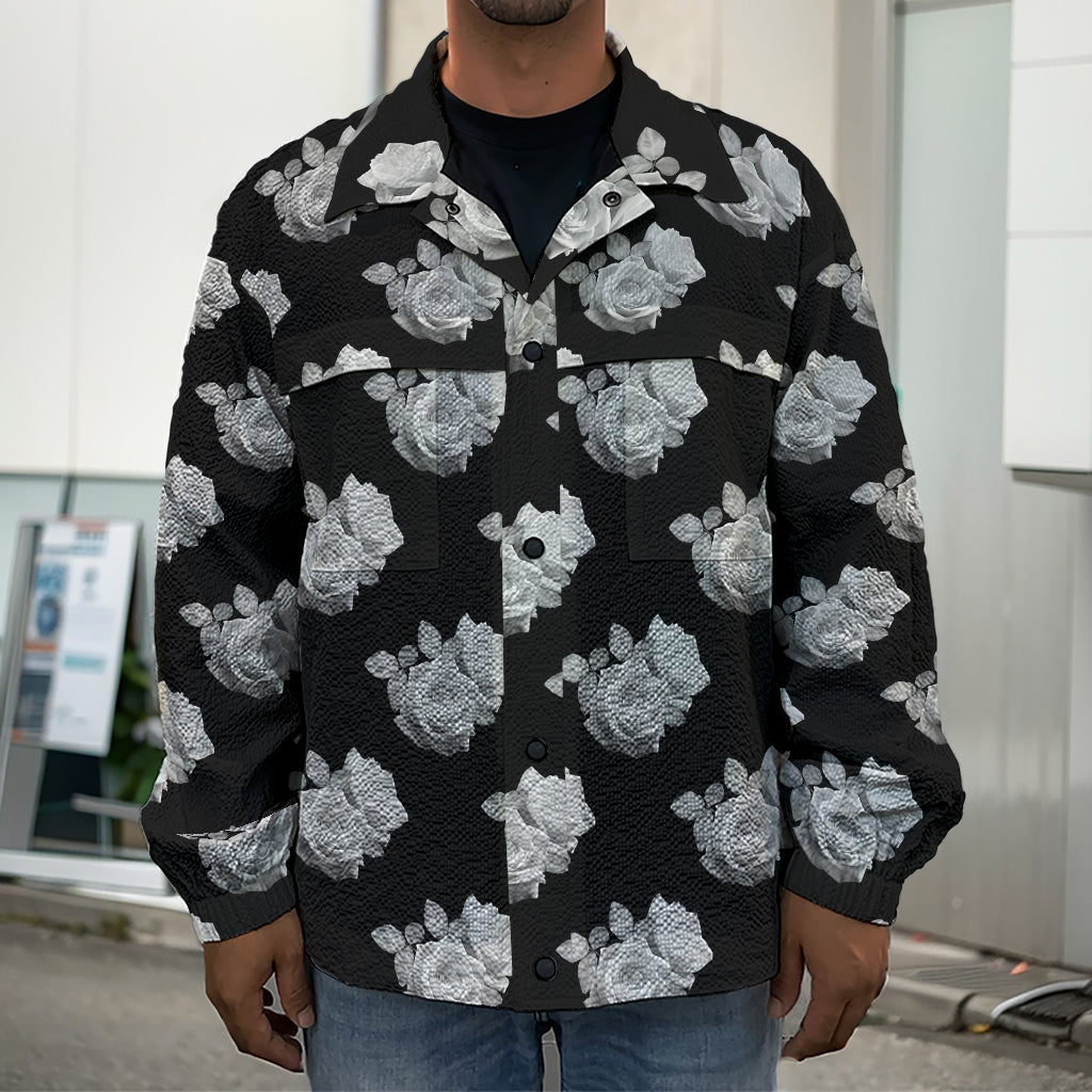 Monochrome Rose Pattern Print Men's Shirt Jacket