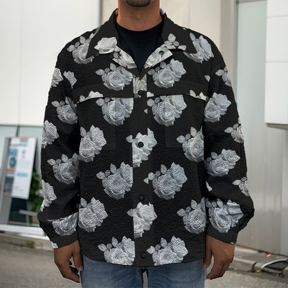 Monochrome Rose Pattern Print Men's Shirt Jacket