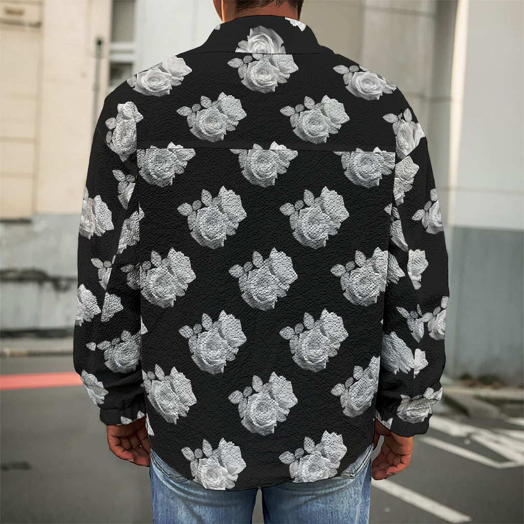 Monochrome Rose Pattern Print Men's Shirt Jacket