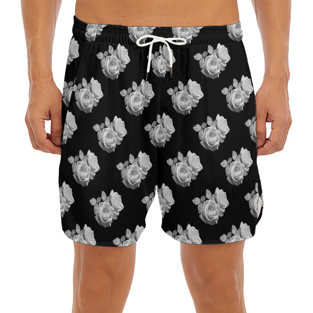 Monochrome Rose Pattern Print Men's Split Running Shorts