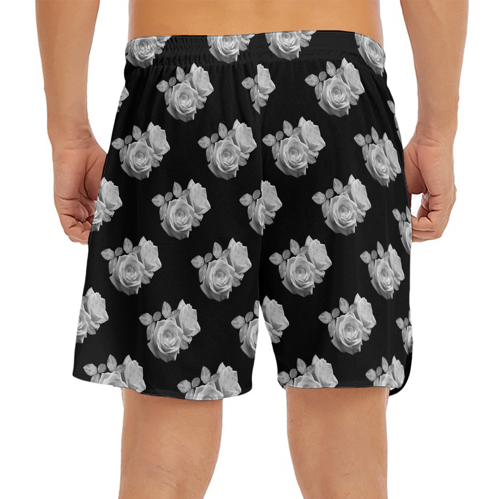 Monochrome Rose Pattern Print Men's Split Running Shorts