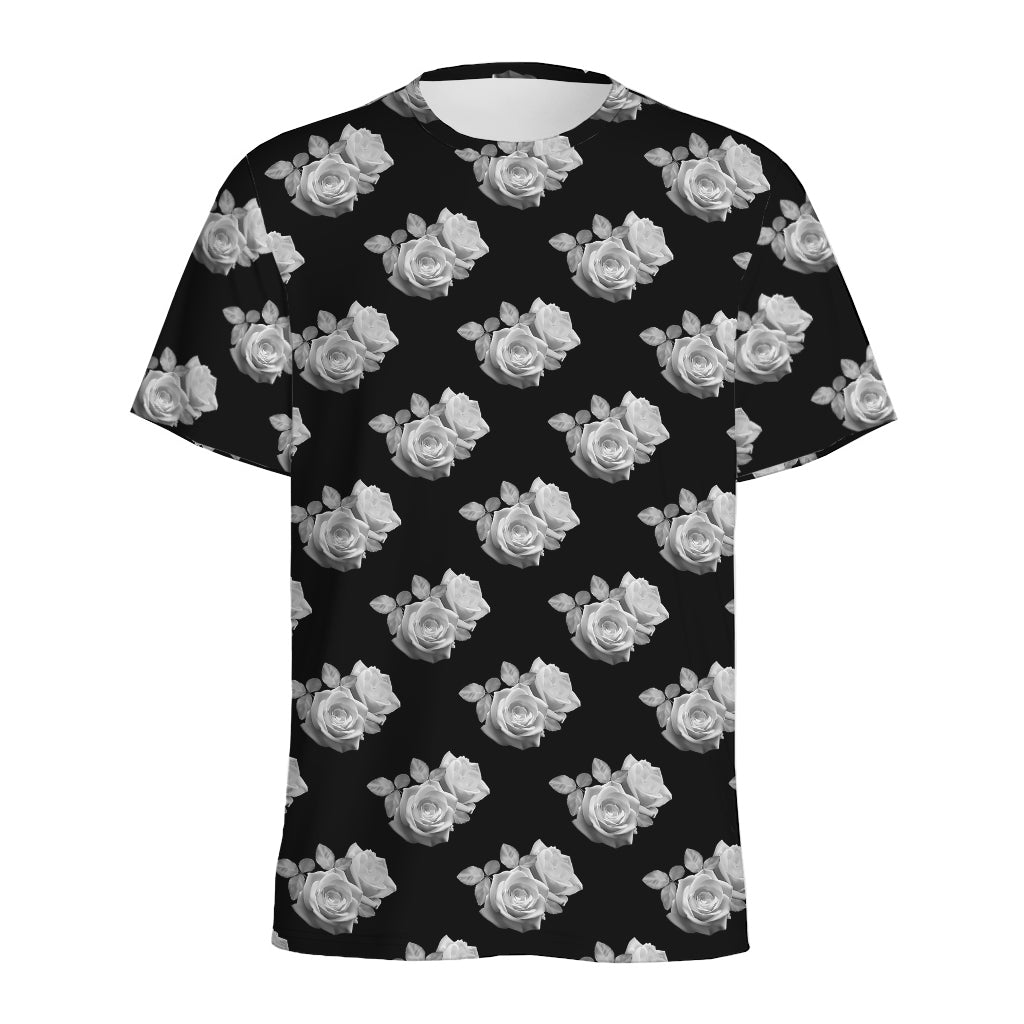 Monochrome Rose Pattern Print Men's Sports T-Shirt