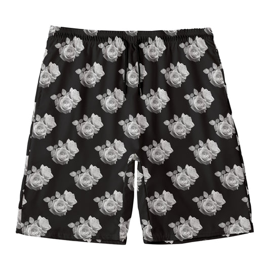Monochrome Rose Pattern Print Men's Swim Trunks
