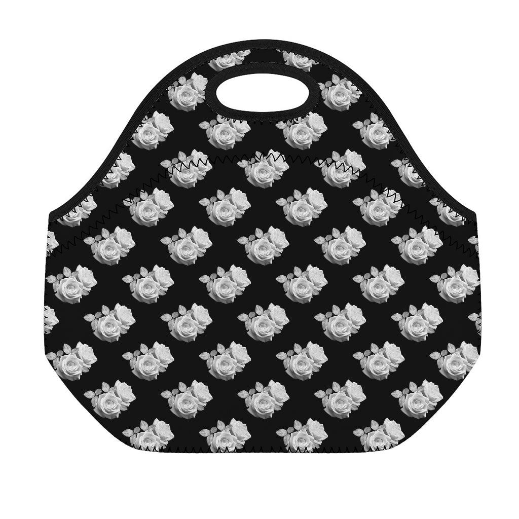 Monochrome Rose Pattern Print Neoprene Lunch Bag