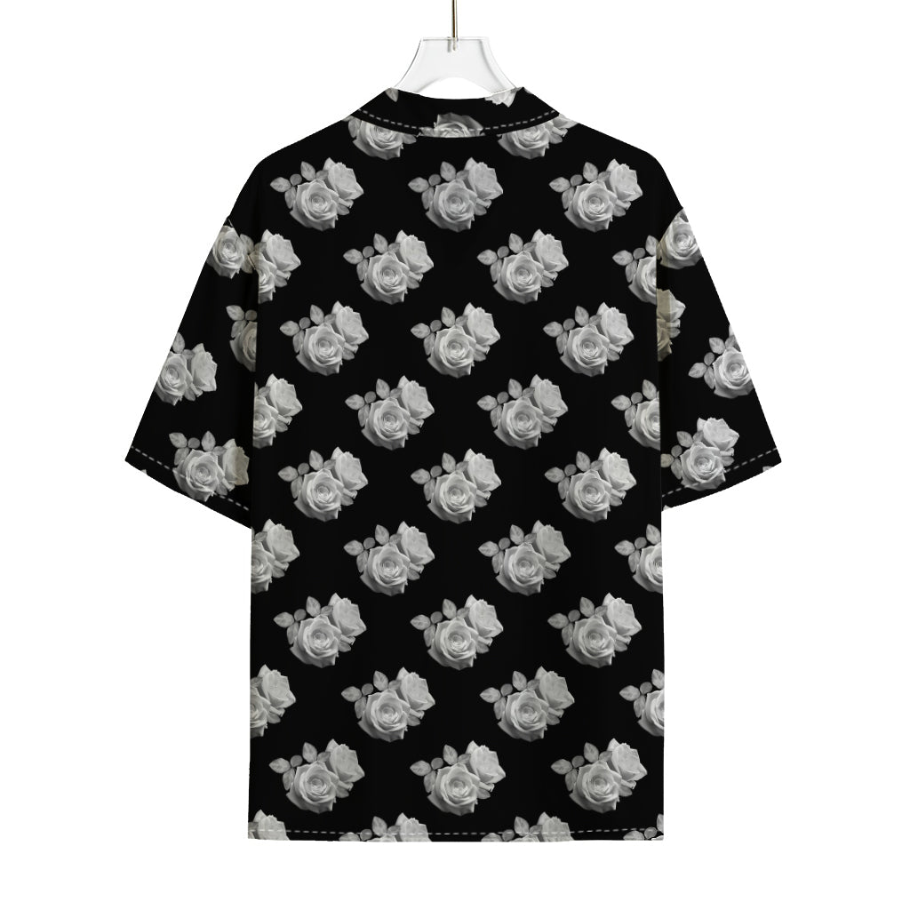 Monochrome Rose Pattern Print Rayon Hawaiian Shirt