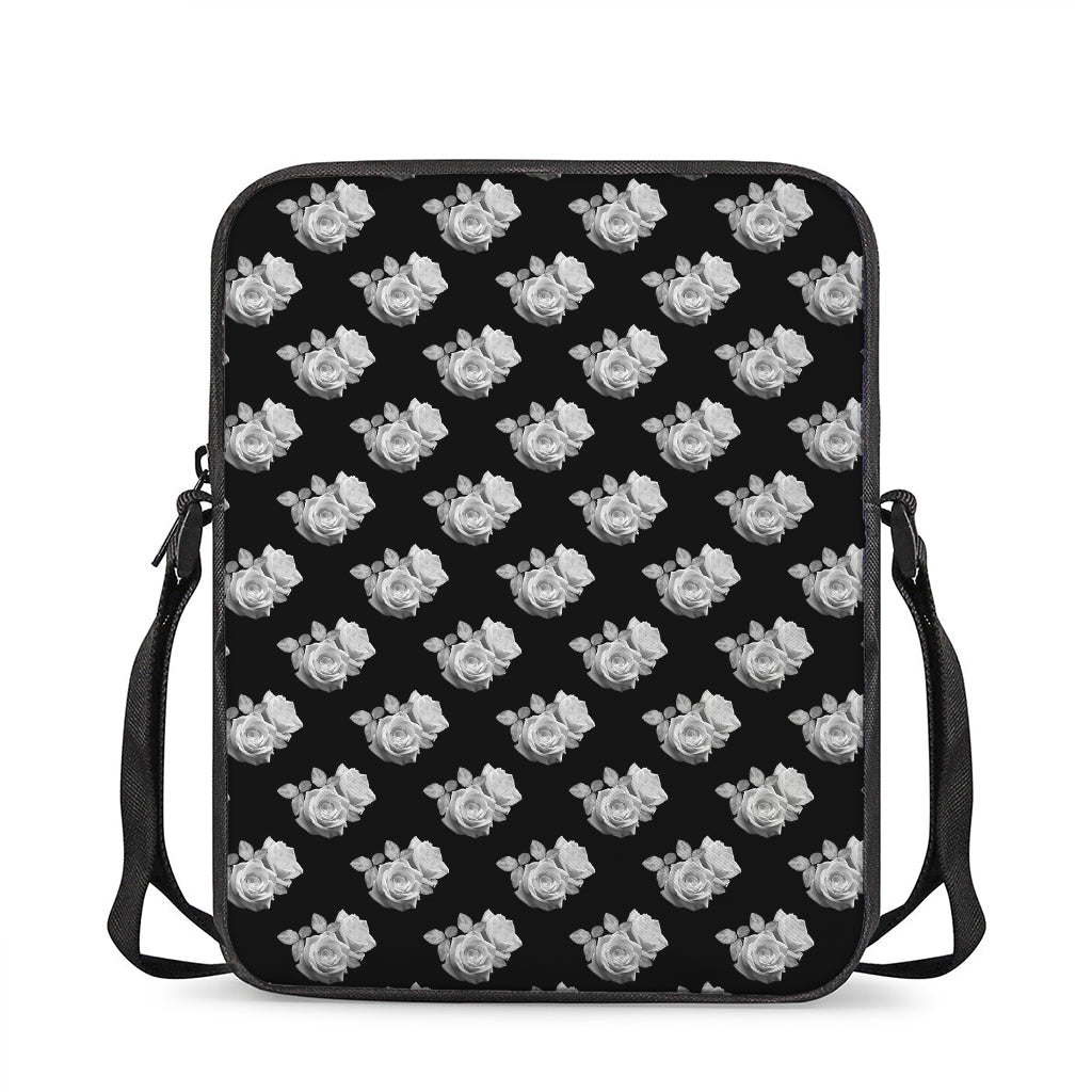 Monochrome Rose Pattern Print Rectangular Crossbody Bag