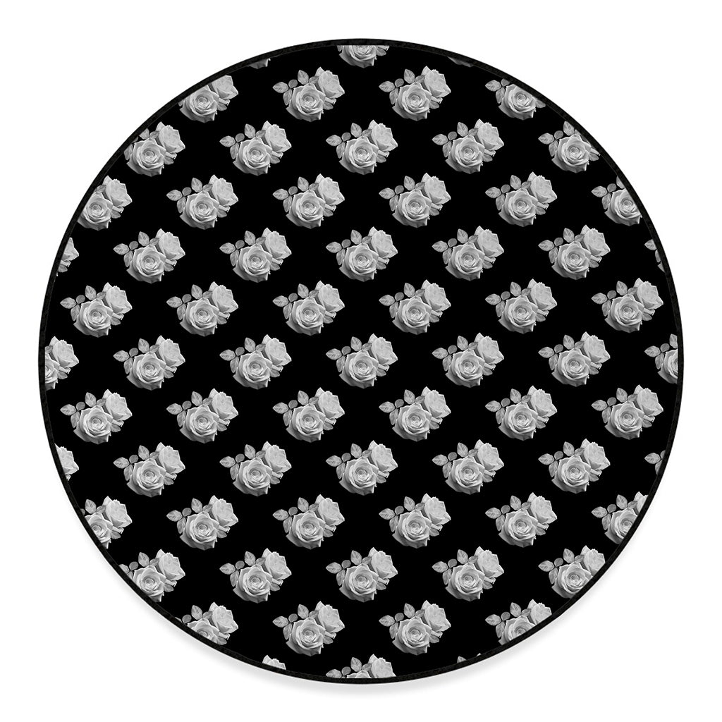 Monochrome Rose Pattern Print Round Floor Mat