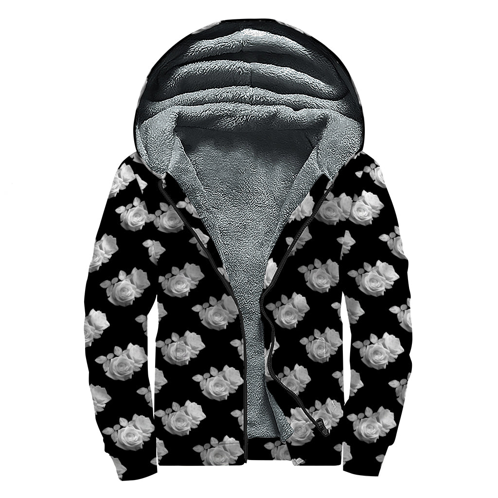 Monochrome Rose Pattern Print Sherpa Lined Zip Up Hoodie